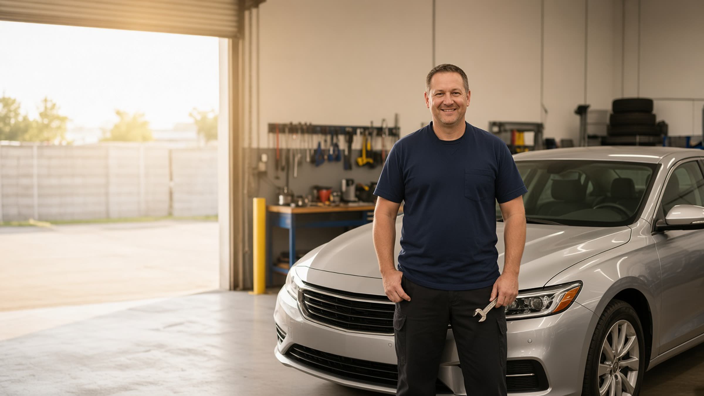 A smiling auto technician standing beside a finished sedan in a Mission Hills shop, bay door open to daylight.