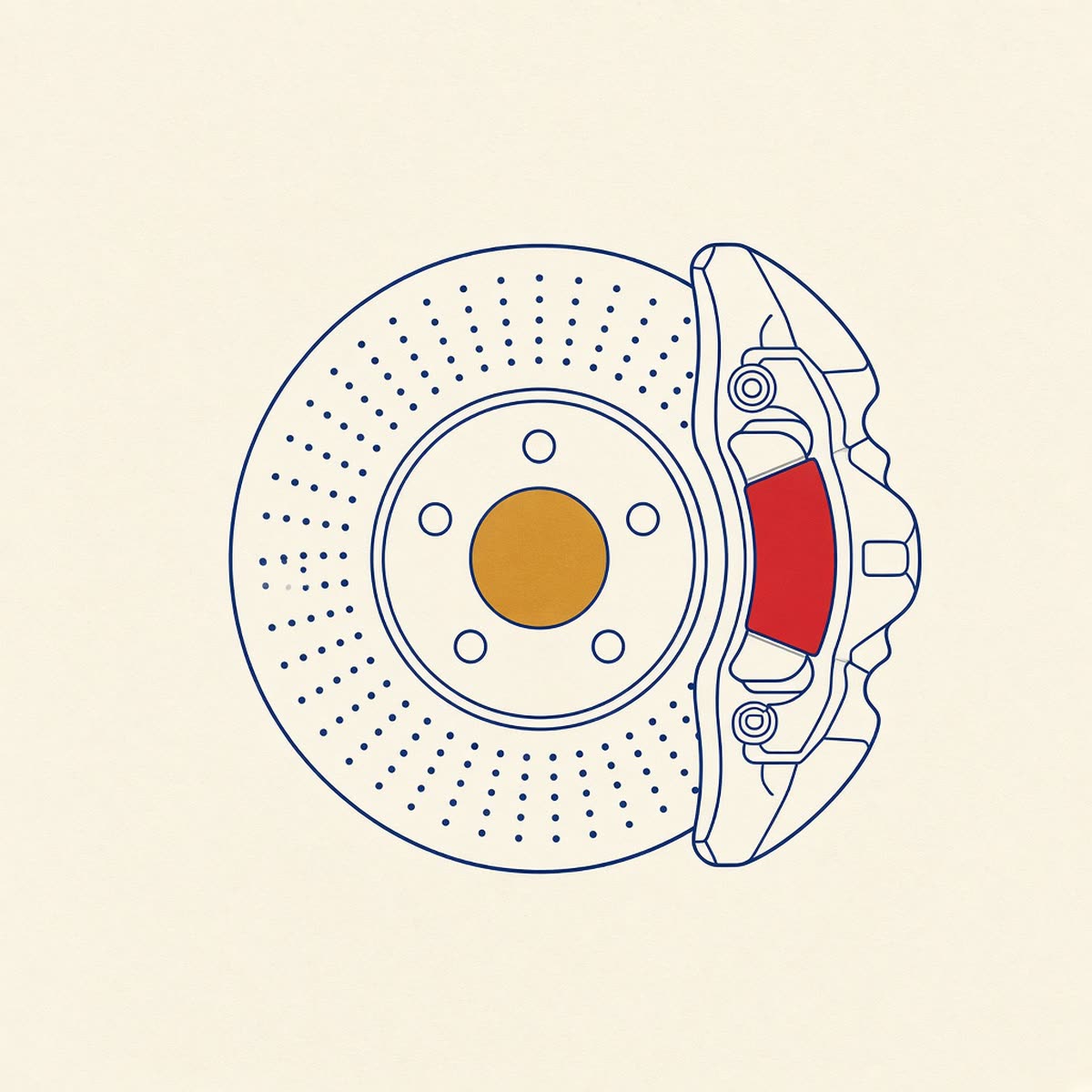 Line drawing of a brake disc and caliper in navy and gold.
