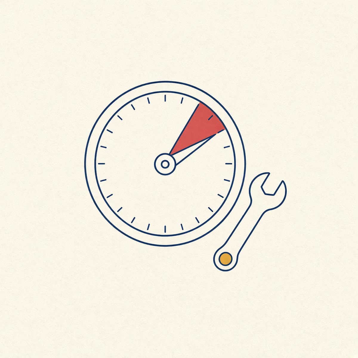 Line drawing of a dashboard gauge with a wrench in navy and gold.