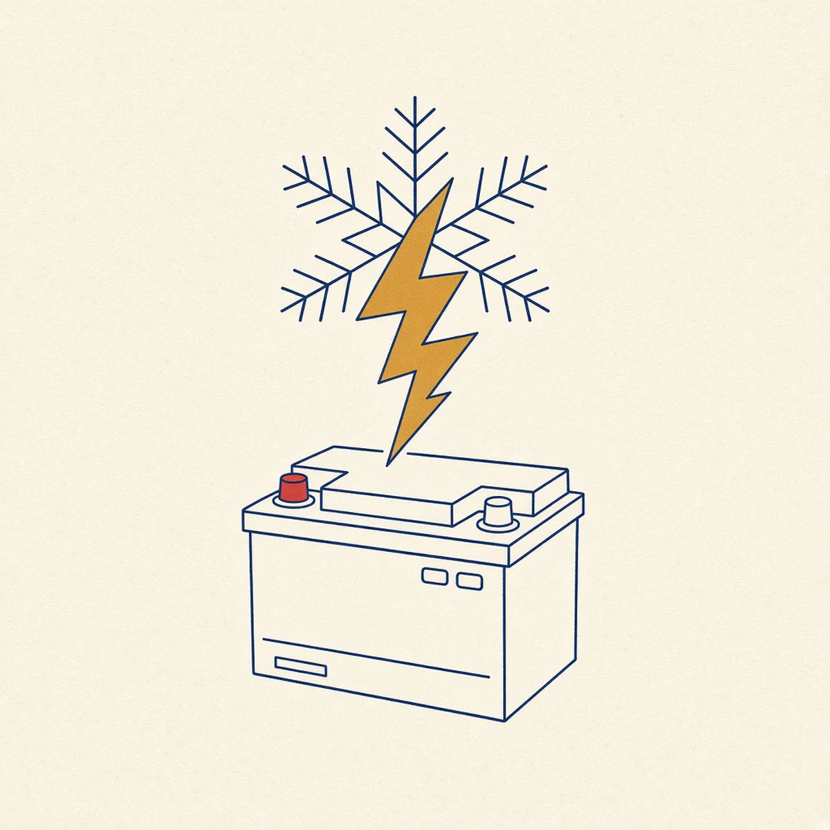 Line drawing of a snowflake over a battery bolt in navy and gold.