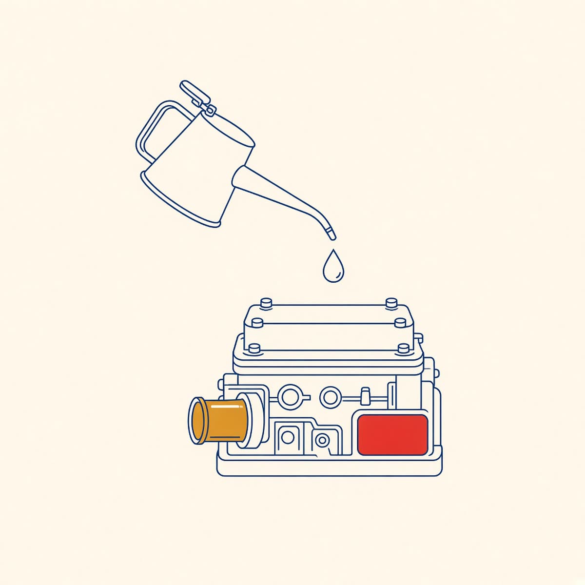 Line drawing of an oil can over an engine in navy and gold.