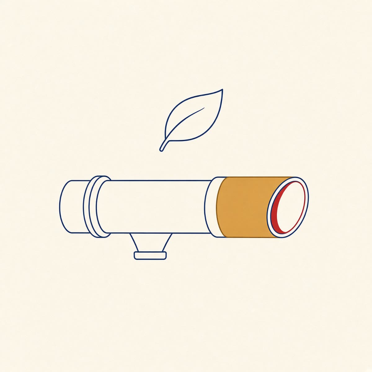 Line drawing of a tailpipe with a clean leaf in navy and gold.