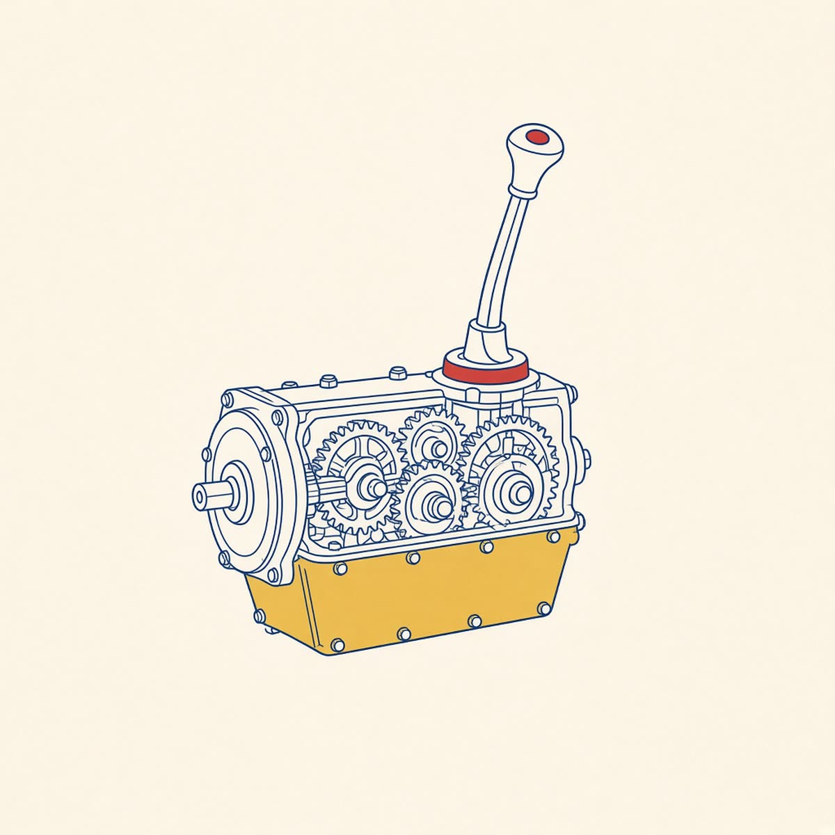 Line drawing of a gearbox with gear teeth in navy and gold.