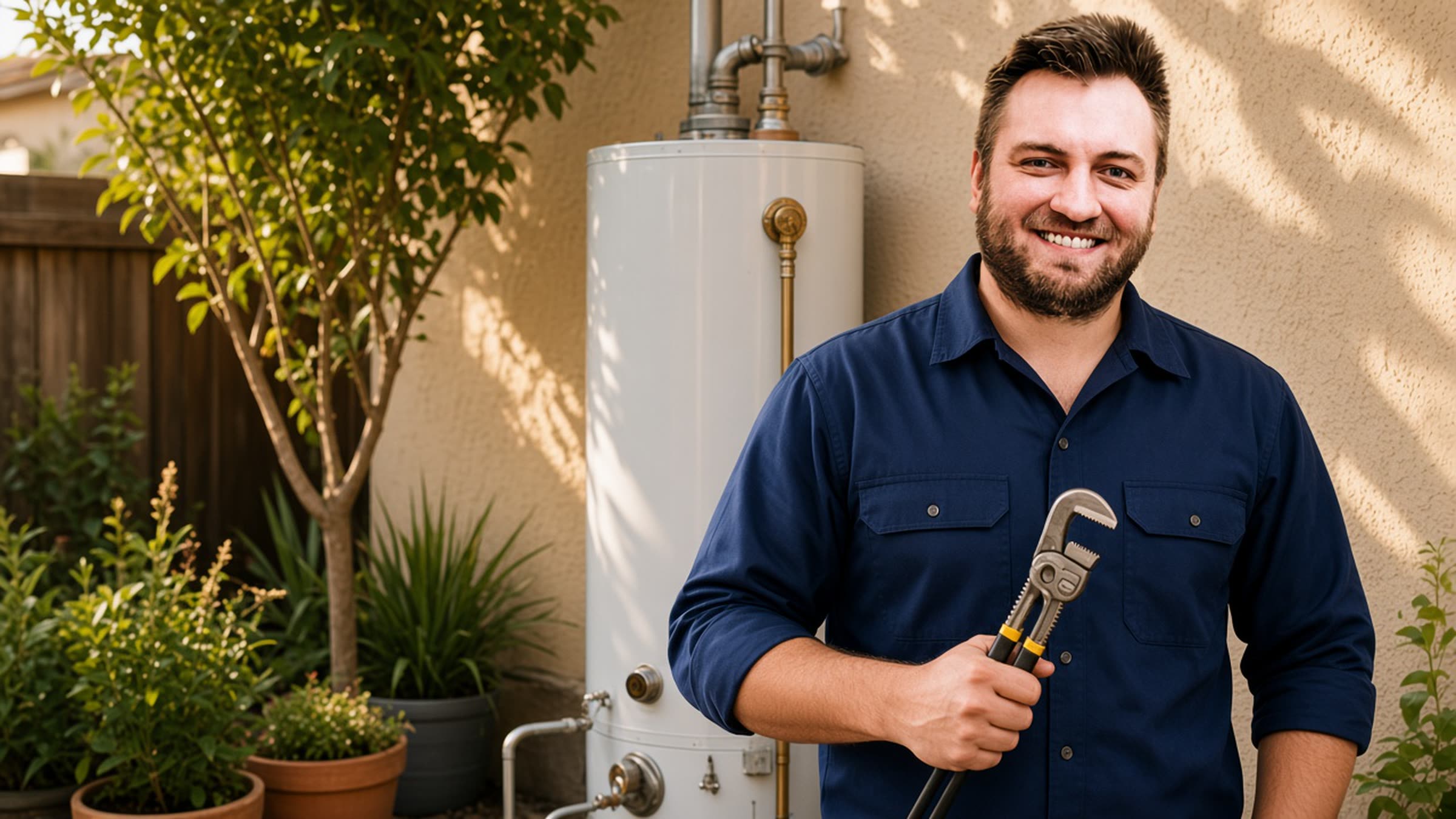 Plumber in work shirt standing beside a closed water heater in a Sherman Oaks side yard, smiling toward camera.