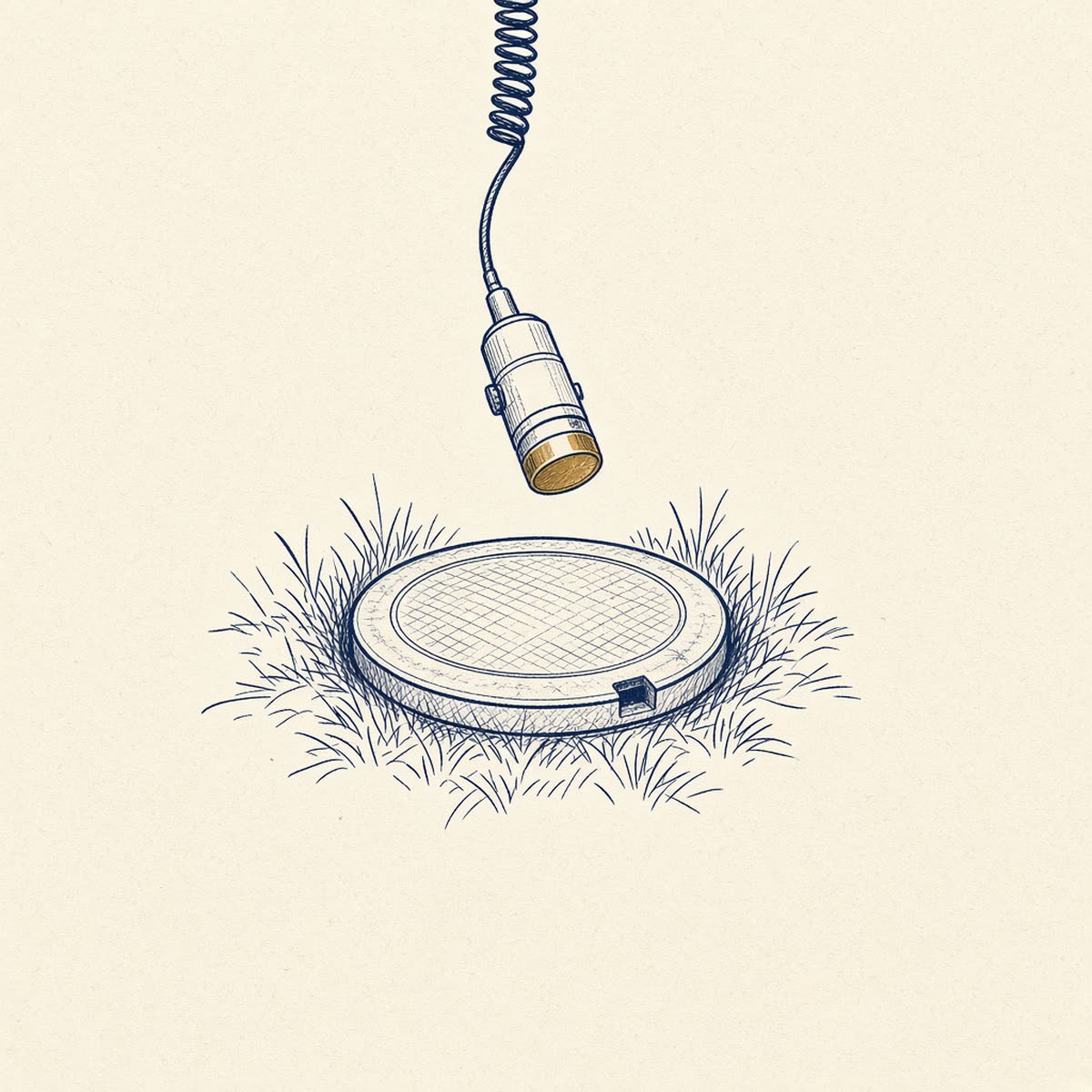 Line drawing of a camera head over a cleanout cap in a yard.