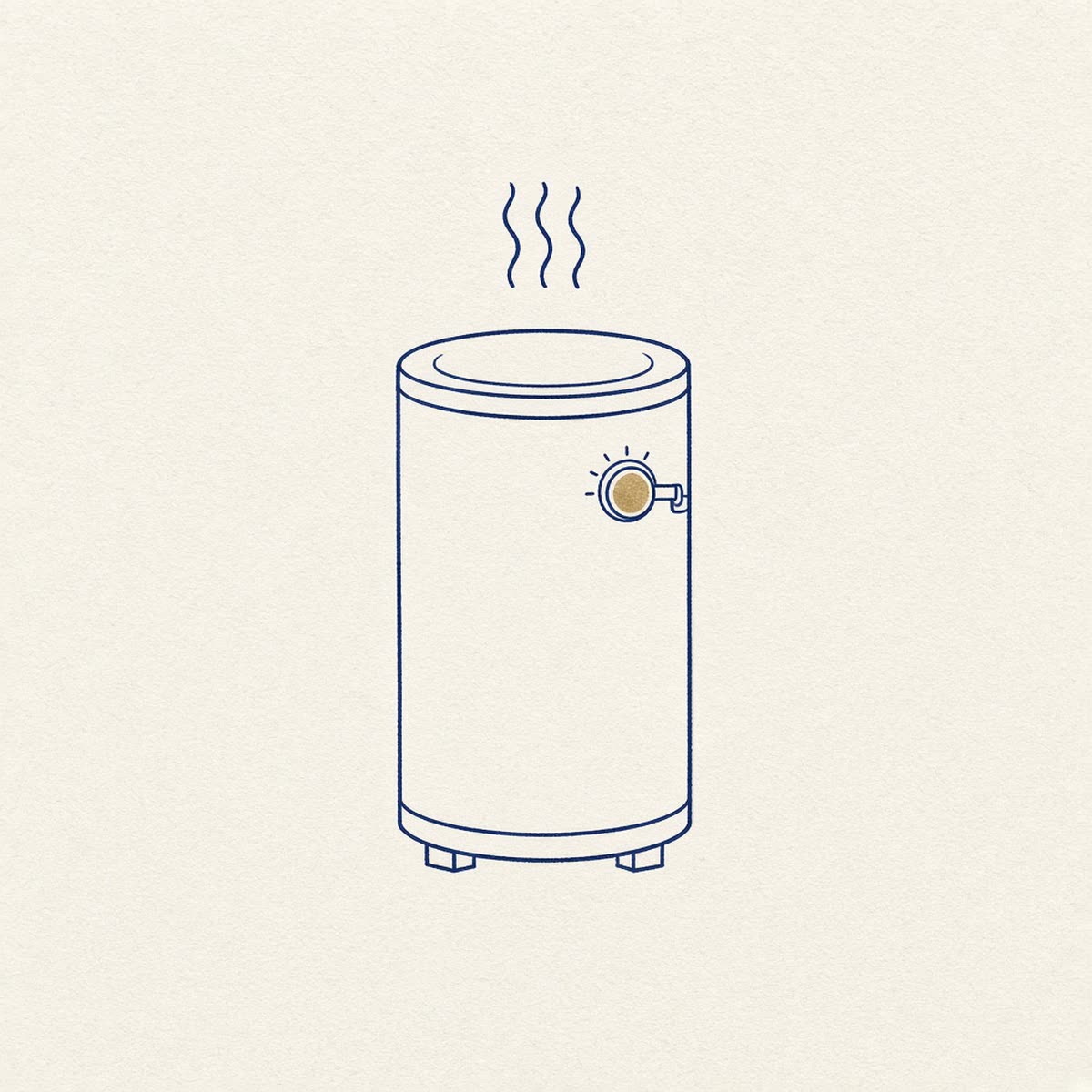 Line drawing of a tank water heater with a temperature dial.