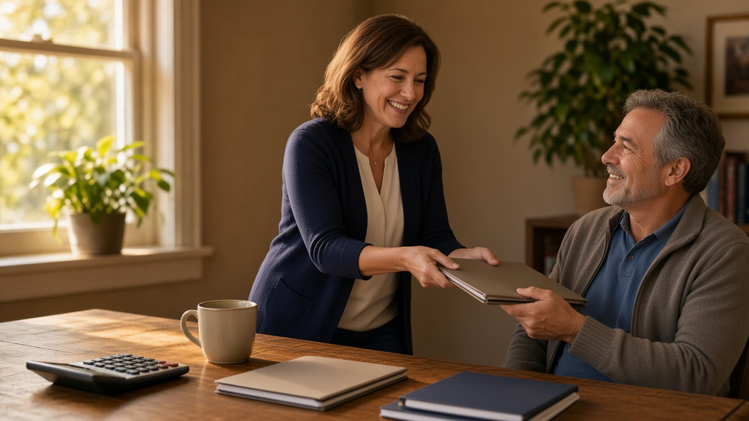 A smiling accountant greeting a client across a desk in a bright Burbank office.