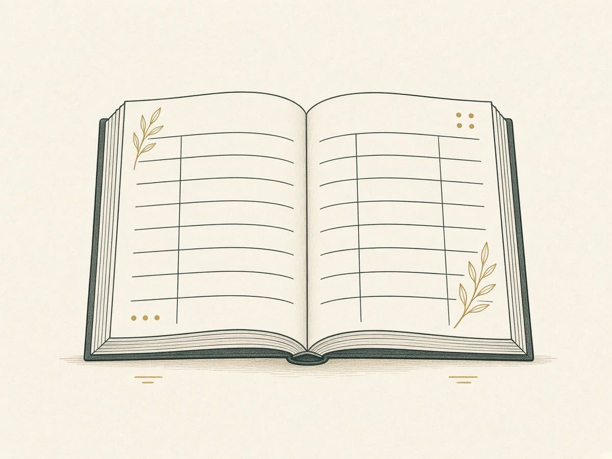 Line illustration of an open ledger with balanced columns.