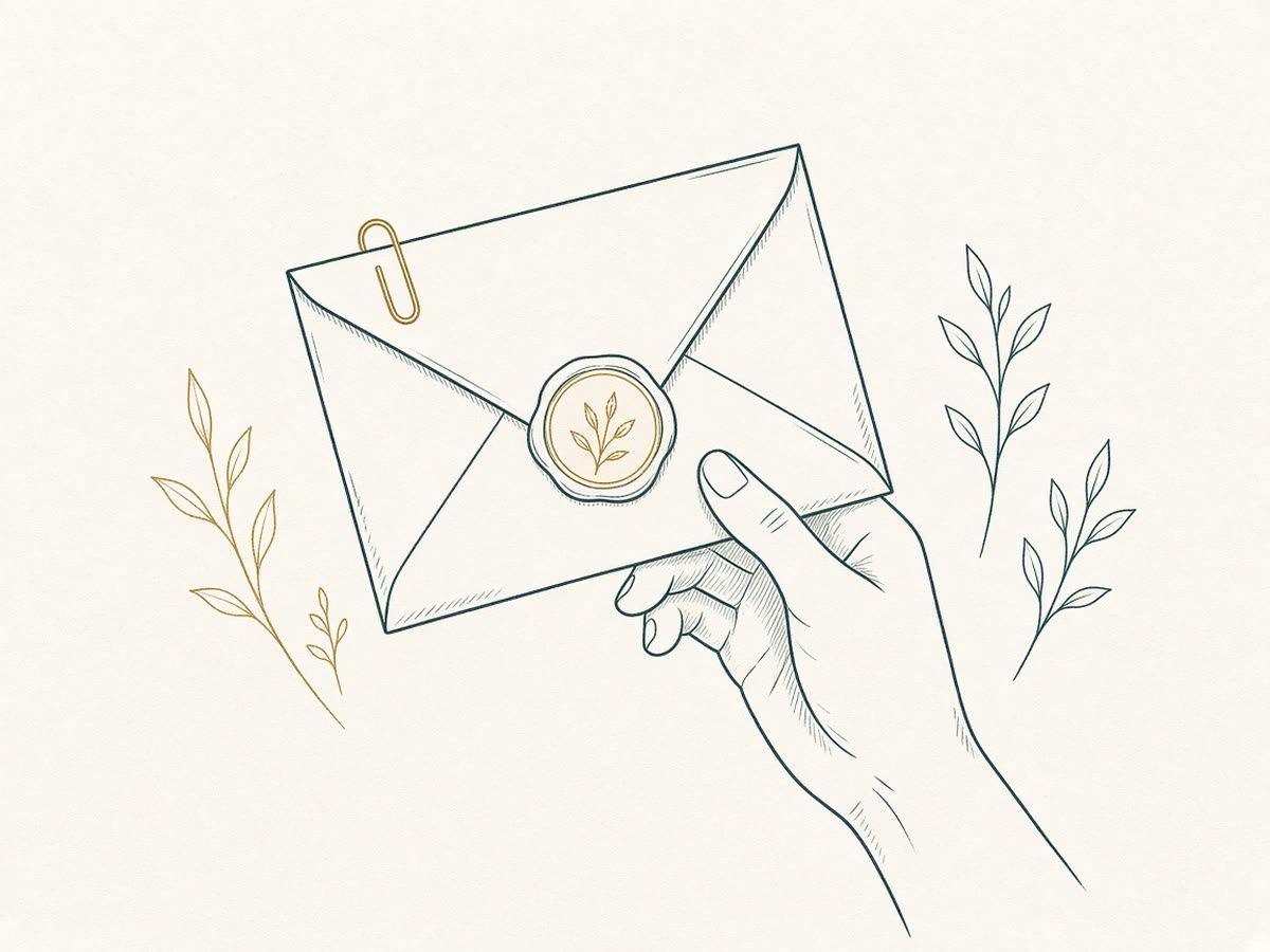 Line illustration of an official letter with a calm hand holding it steady.