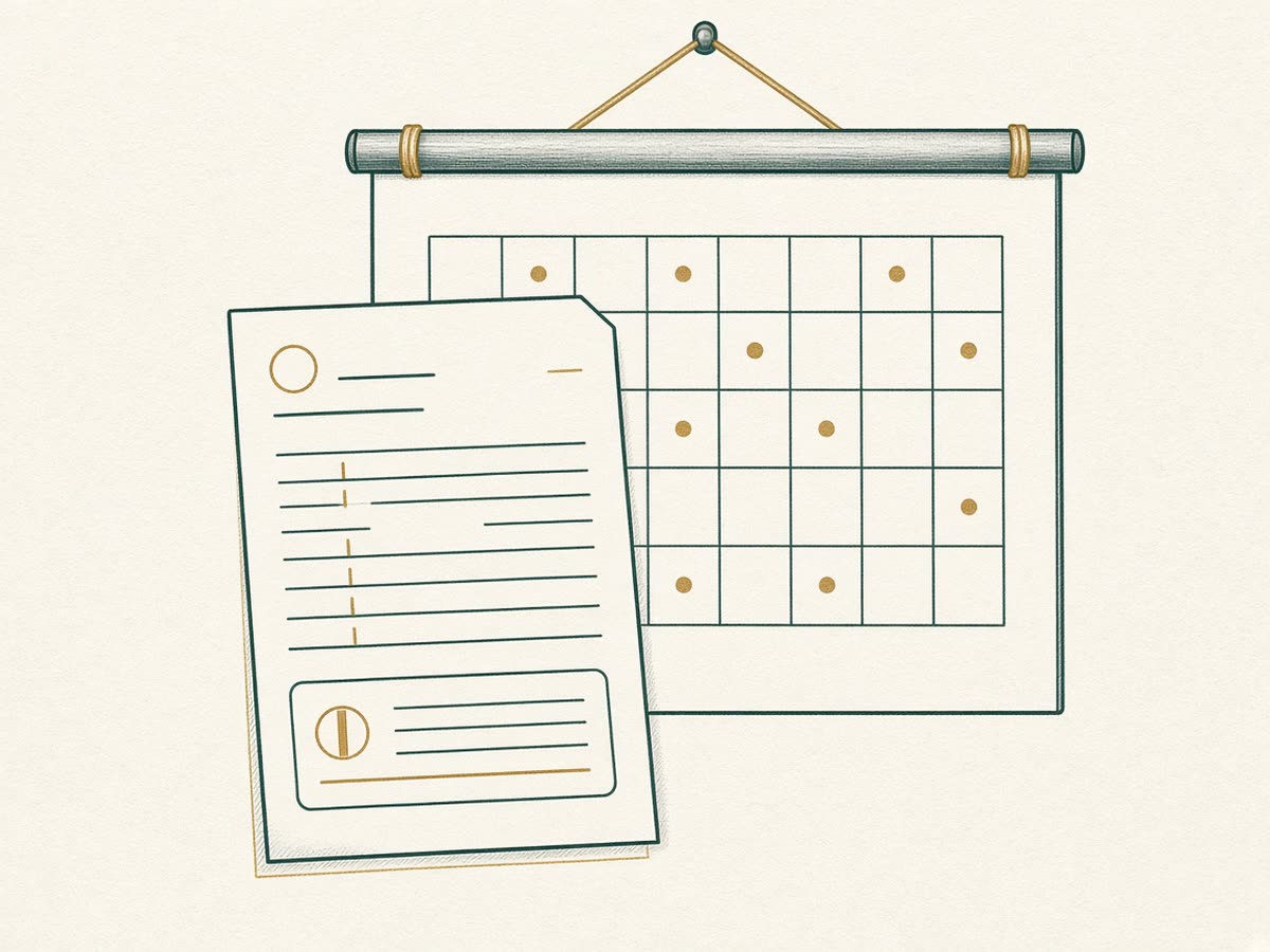 Line illustration of a pay stub with a calendar page behind it.