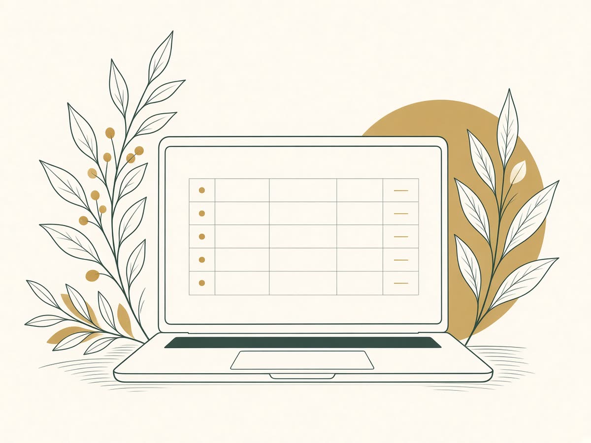 Line illustration of a laptop showing a simple tidy ledger screen.