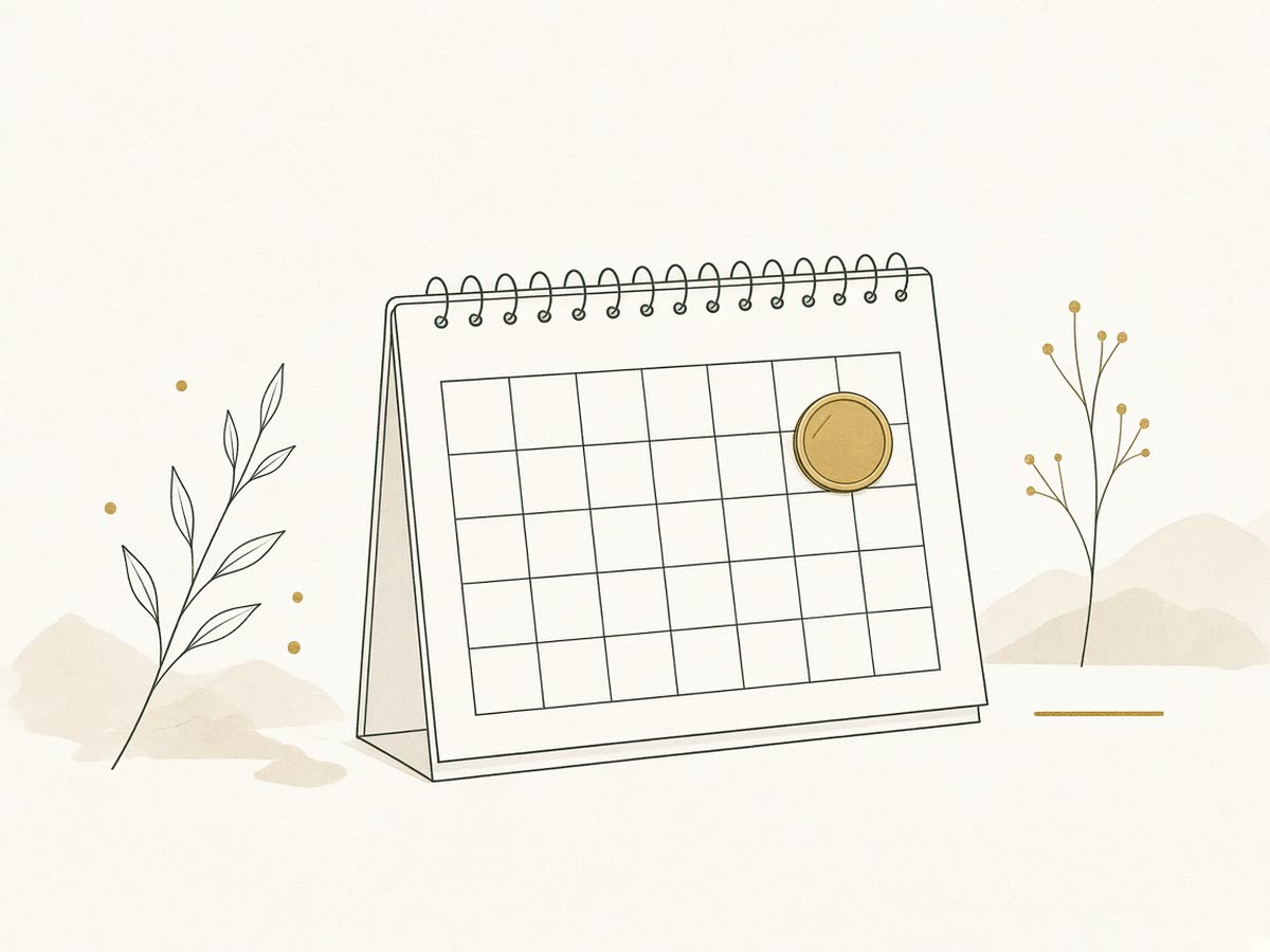 Line illustration of a wall calendar with a coin resting on next April.