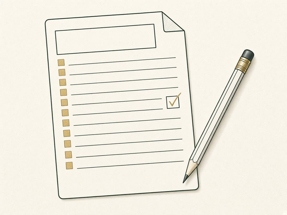 Line illustration of a finished tax return with a pencil beside it.