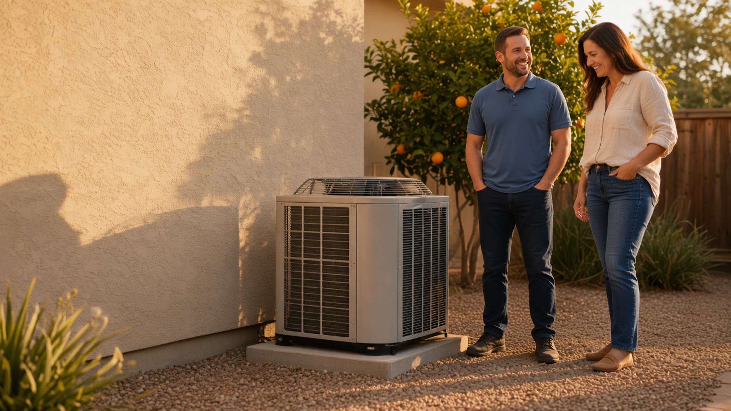 An HVAC technician talking with a homeowner beside a closed air conditioner in a Northridge side yard.
