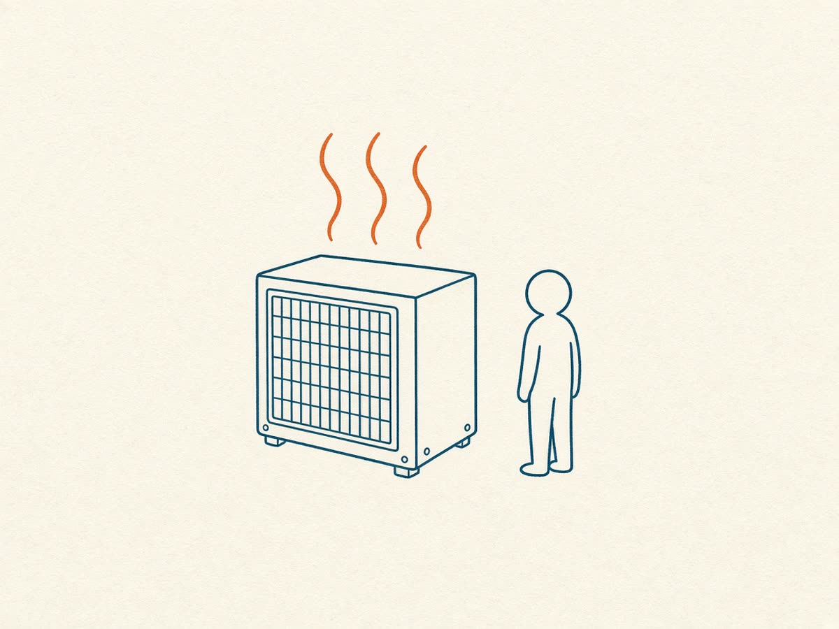 Line drawing of a closed outdoor condenser with cool air waves and a small figure beside it.