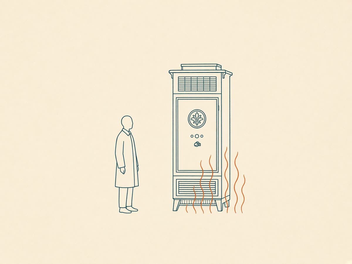 Line drawing of a wall furnace glowing warm with heat waves rising.