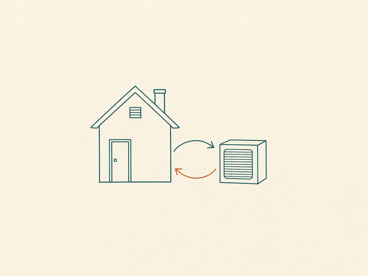 Line drawing of a house with a heat pump unit beside it and arrows for summer and winter.
