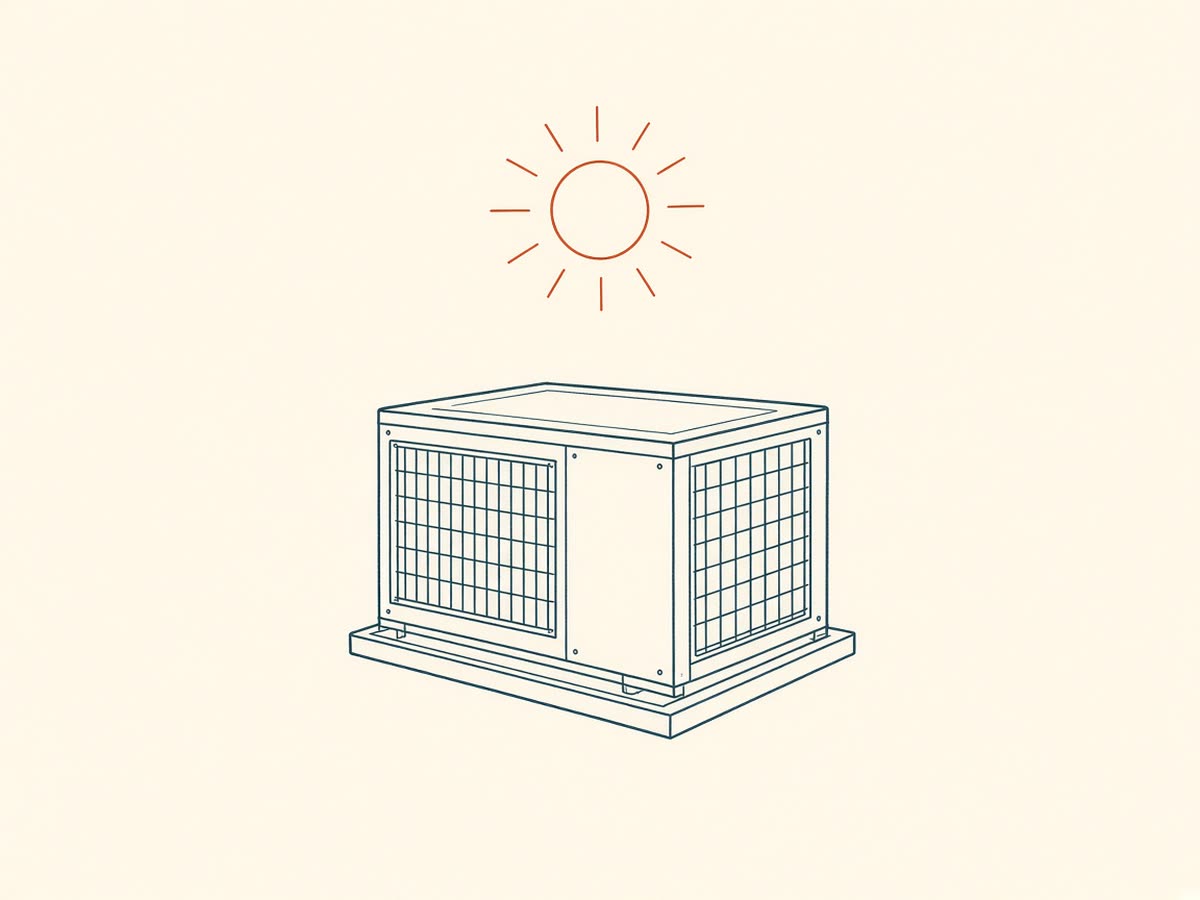 Line drawing of a rooftop package unit with a coil grid beside it.