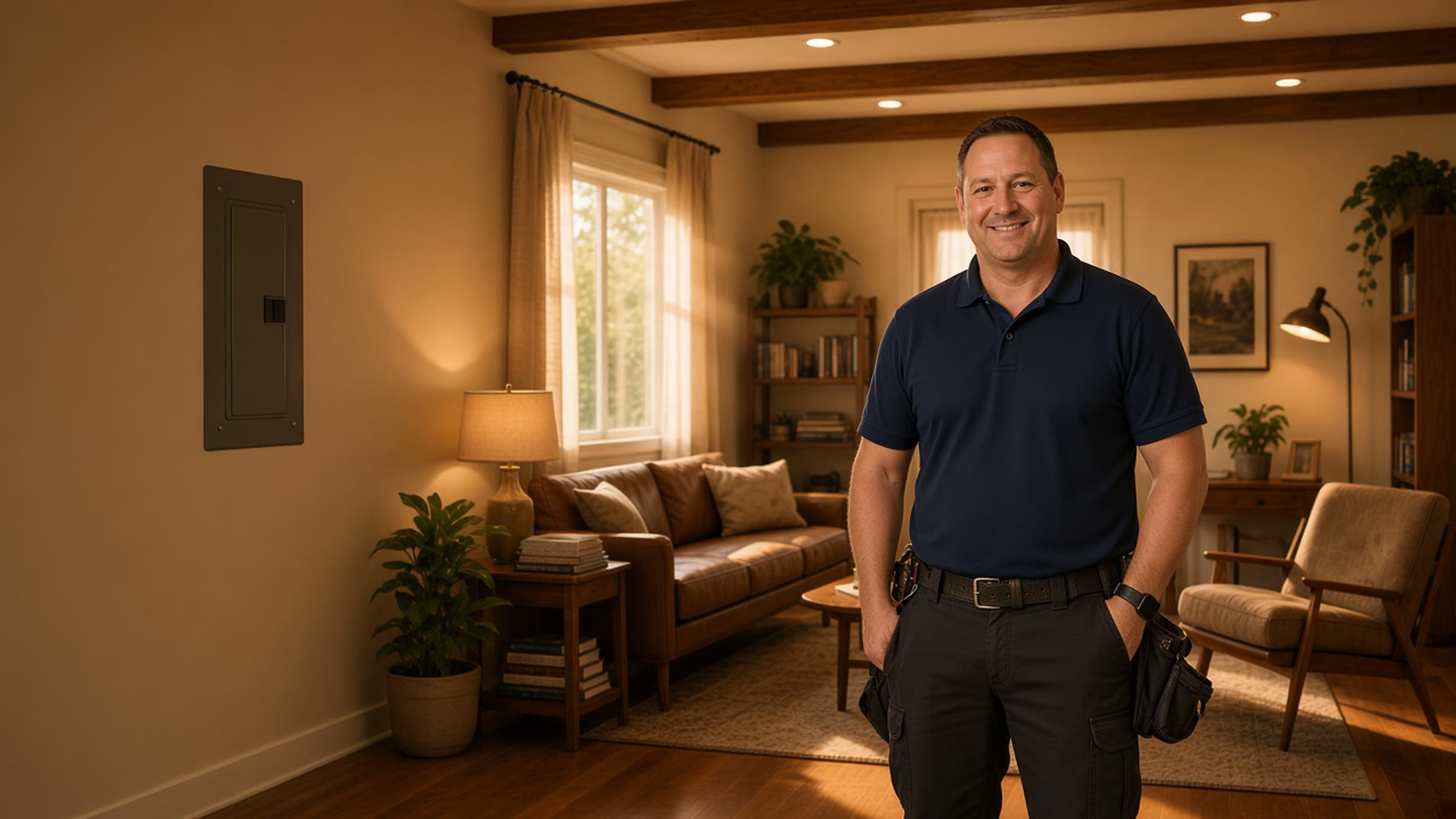 An electrician beside a closed residential panel in a warm Santa Monica living room with the recessed lights on.