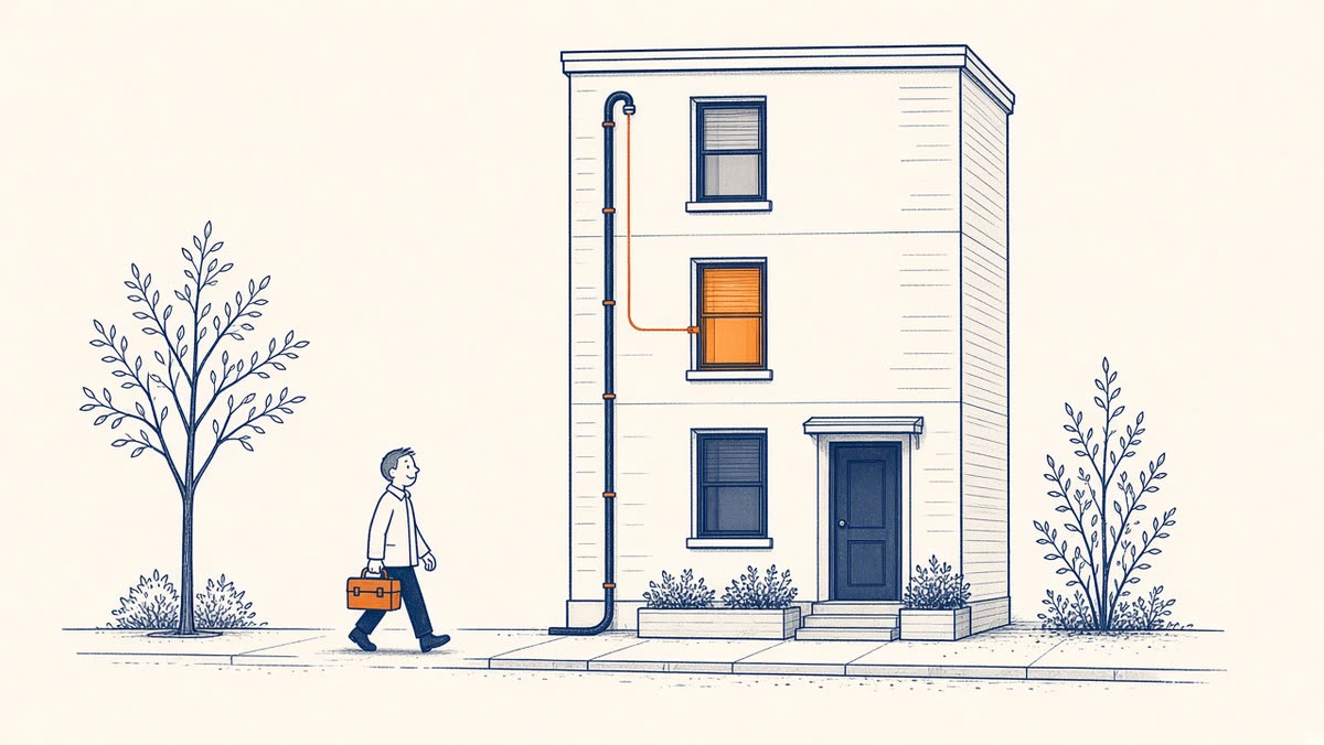 Line drawing of a small apartment building with one glowing window and a worker with a toolbox.