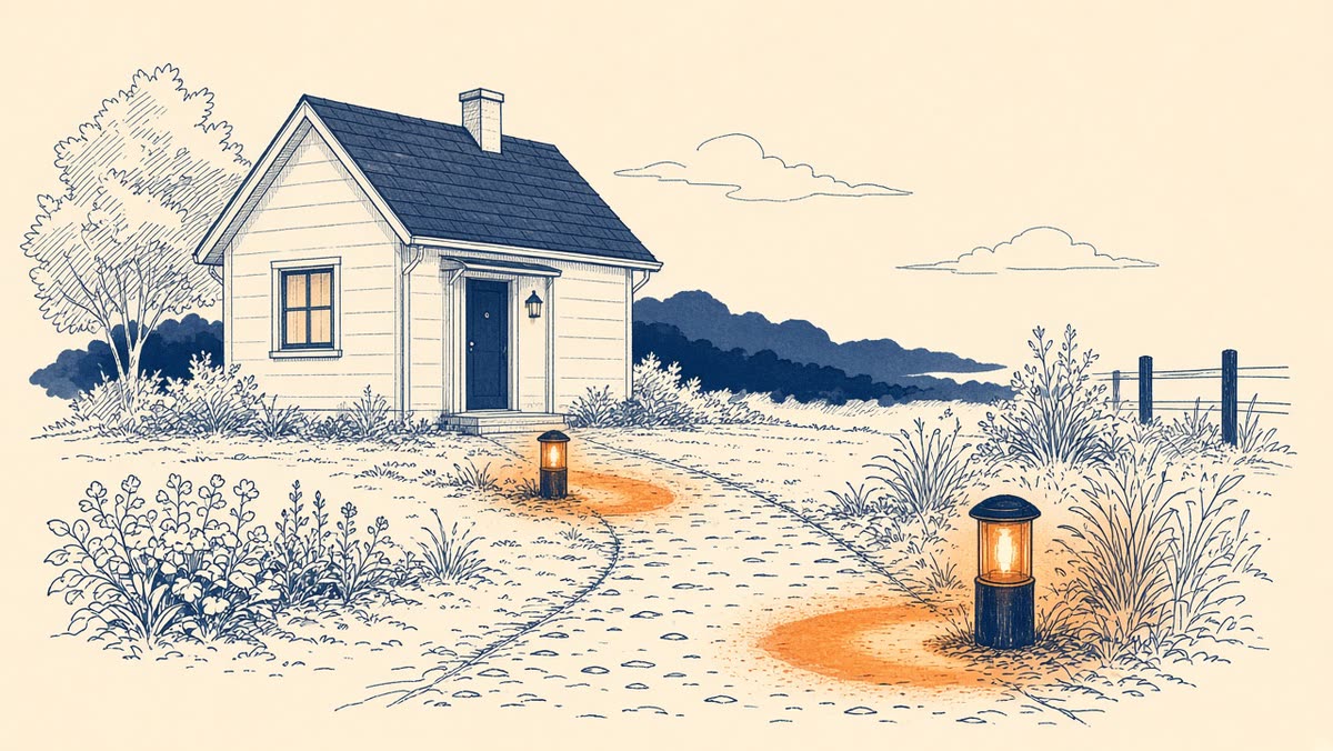 Line drawing of a small house path with two low garden lights glowing.