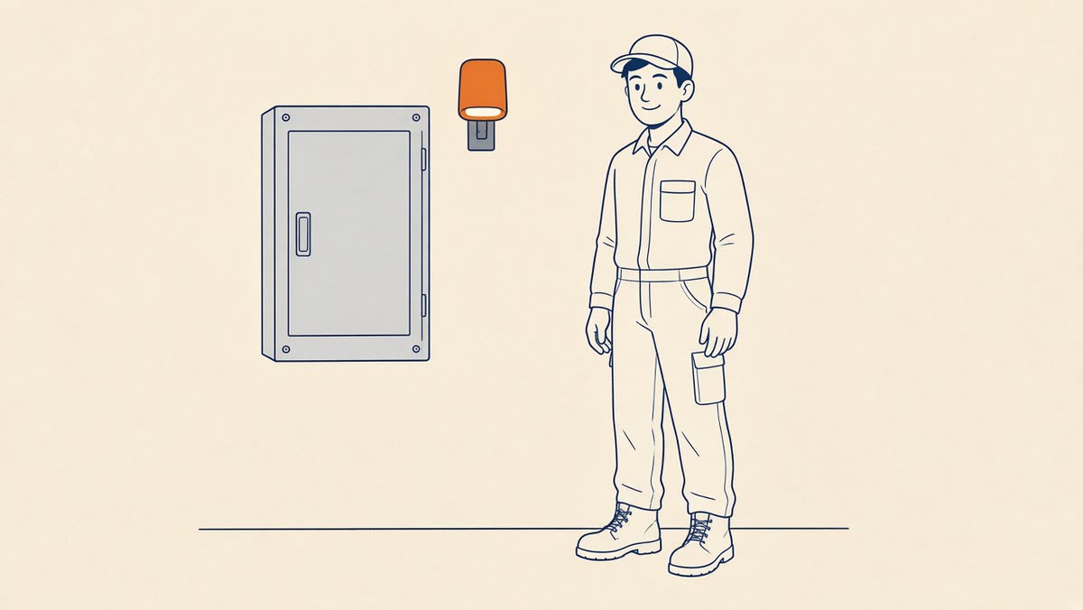 Line drawing of an electrician beside a closed gray panel with one warm door light.