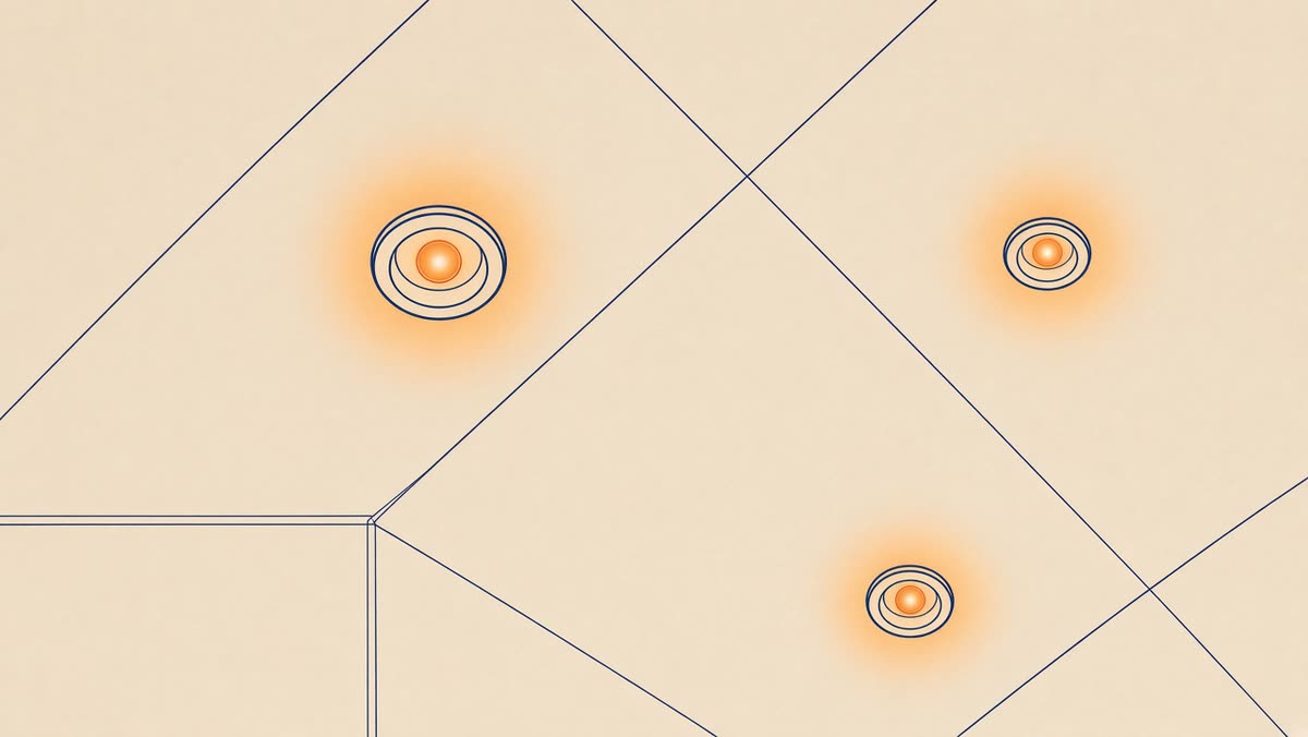 Line drawing of a ceiling with three round recessed lights glowing warm.