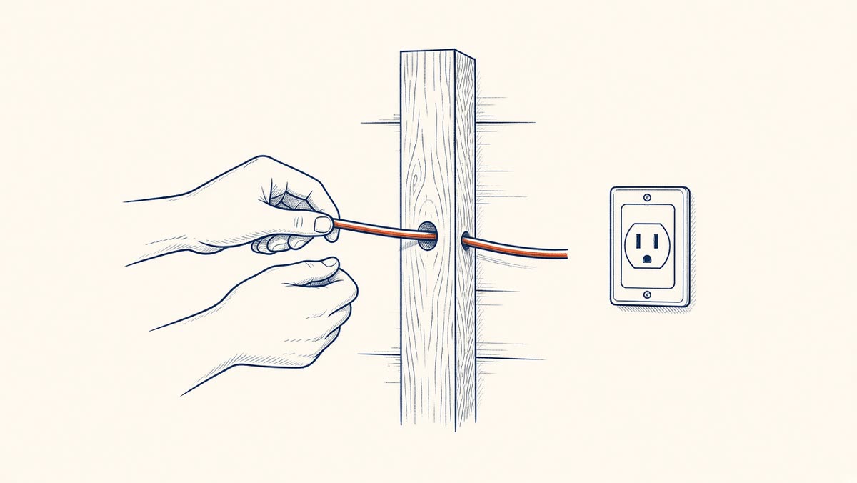 Line drawing of two hands pulling one neat cable through a wood stud wall.