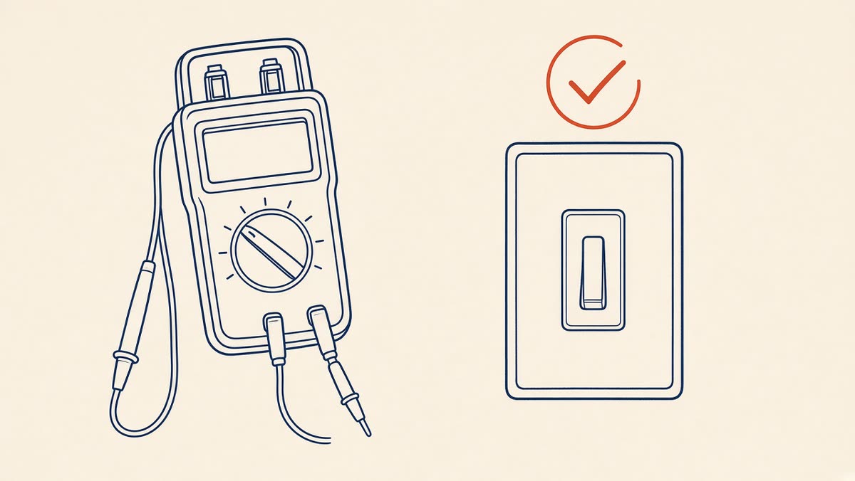 Line drawing of a meter held beside a closed switch box with a small check mark.