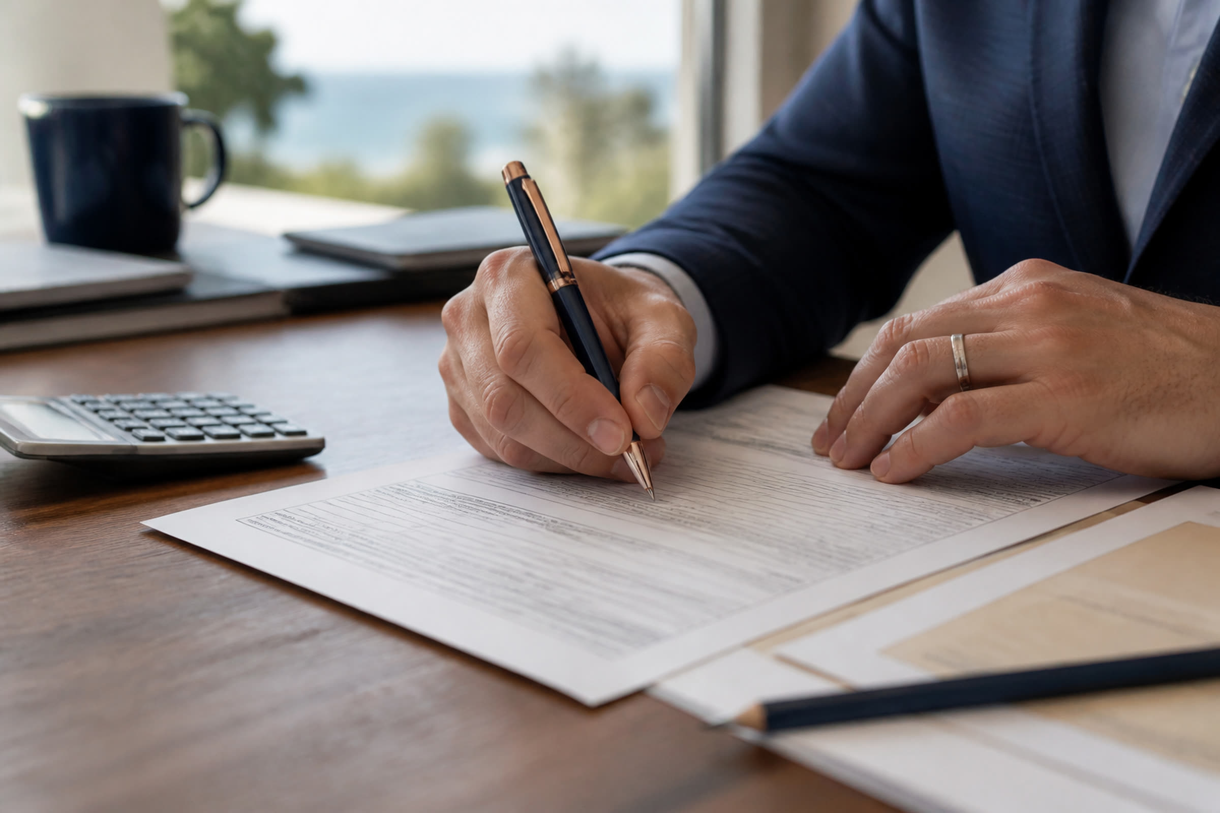 Hands signing a tax document at a wood desk with a calculator — no faces visible.