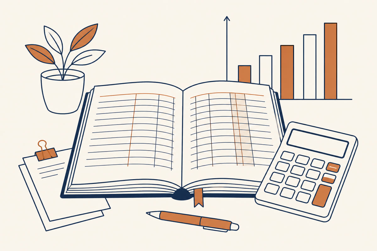 Line illustration of a ledger, bar chart, and calculator.
