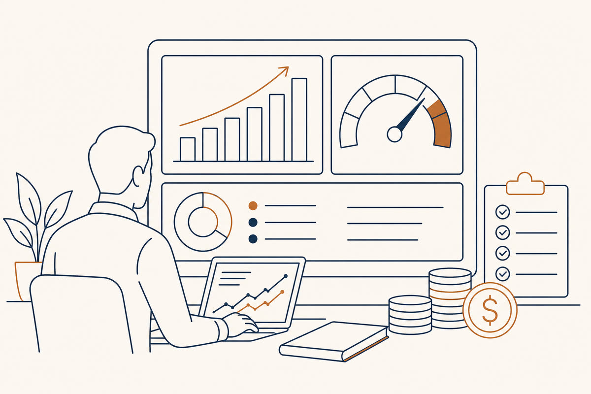 Line illustration of a cash-flow chart and dashboard columns.