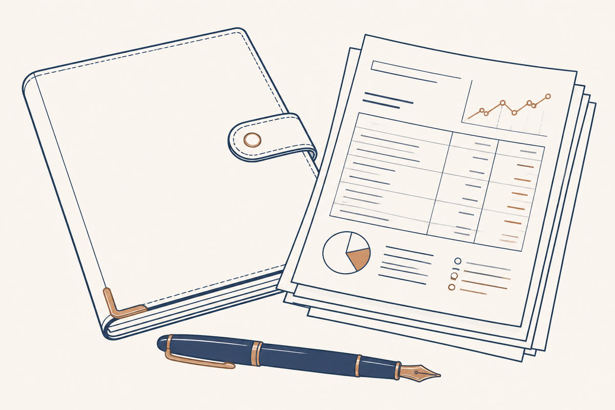 Line illustration of a portfolio folder and banking documents.