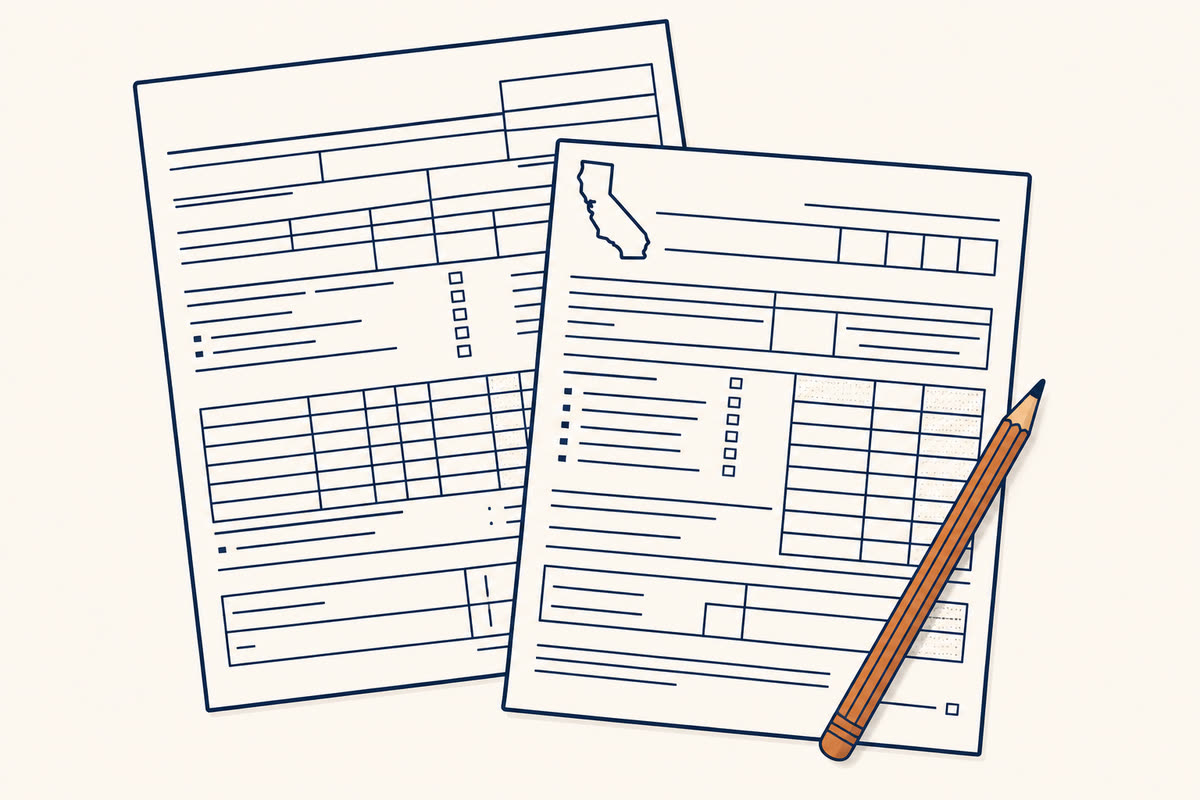 Line illustration of a federal and state return with a pencil.