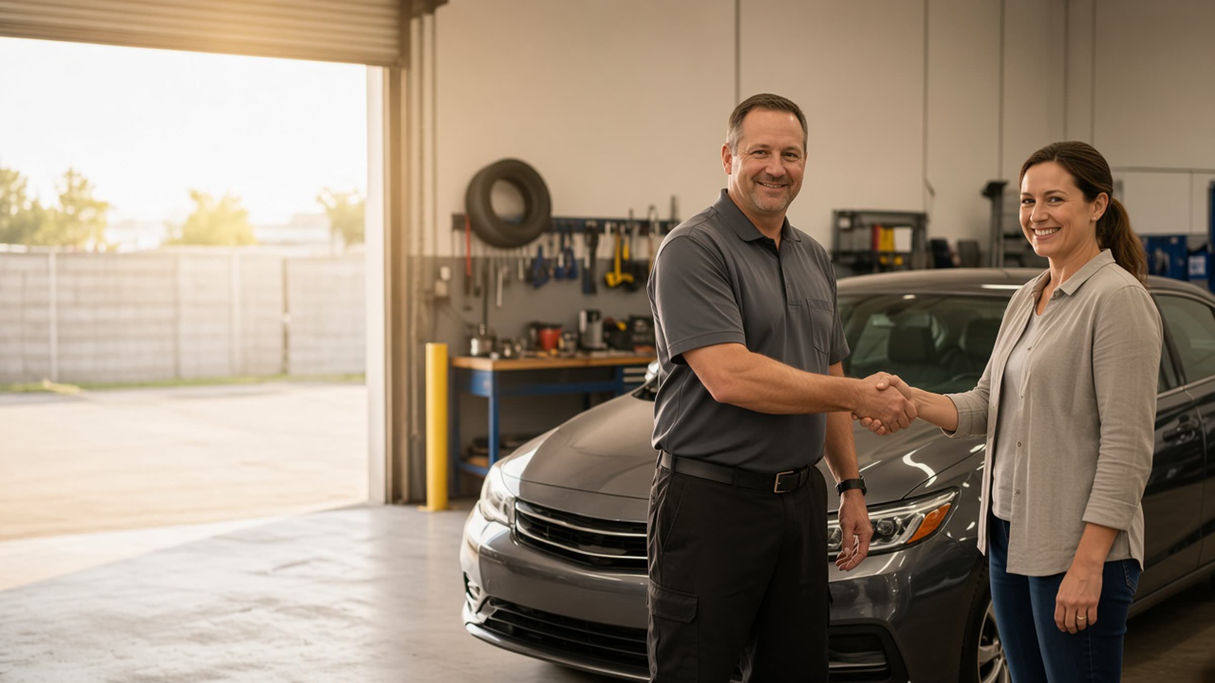 A technician and a customer shaking hands beside a sedan in the Espinoza Auto Experts shop in Pittsburg.