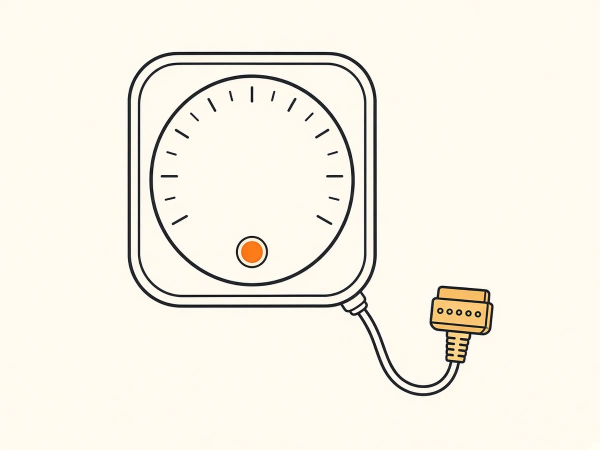 Line drawing of a dashboard gauge with a warning light and a test lead.