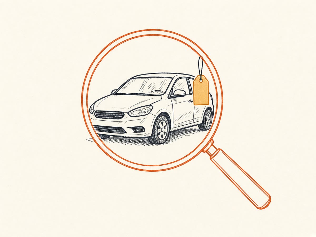 Line drawing of a car under a magnifying glass.