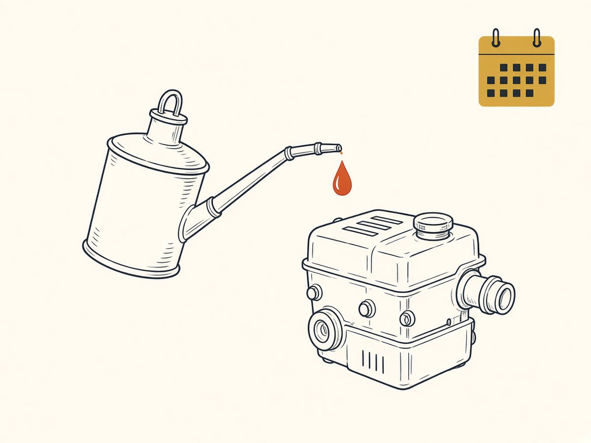 Line drawing of an oil can tipping a drop toward an engine.