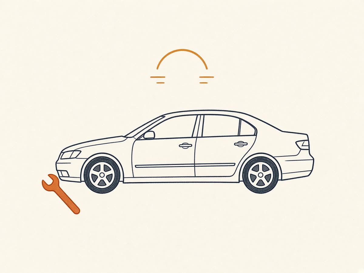 Line drawing of a sedan with a wrench beside it.