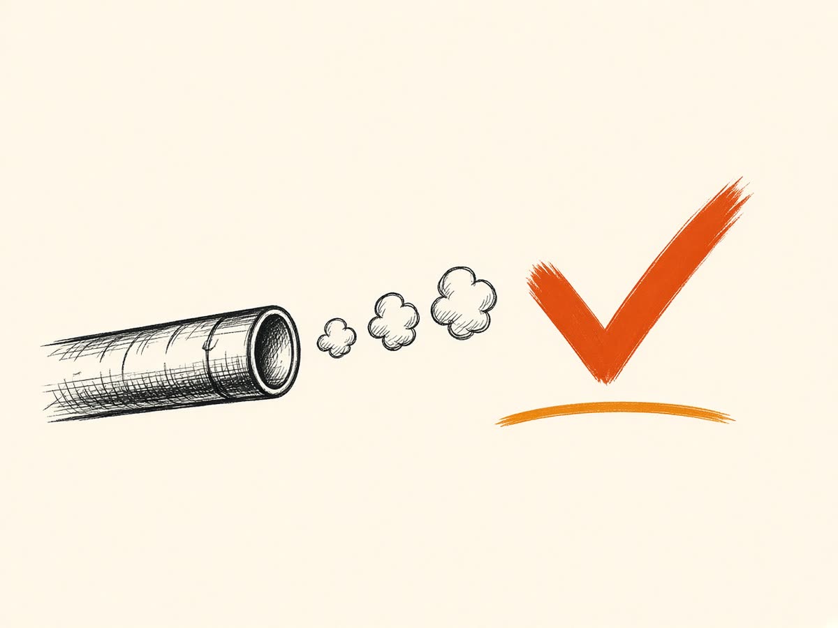 Line drawing of a tailpipe with a checkmark.