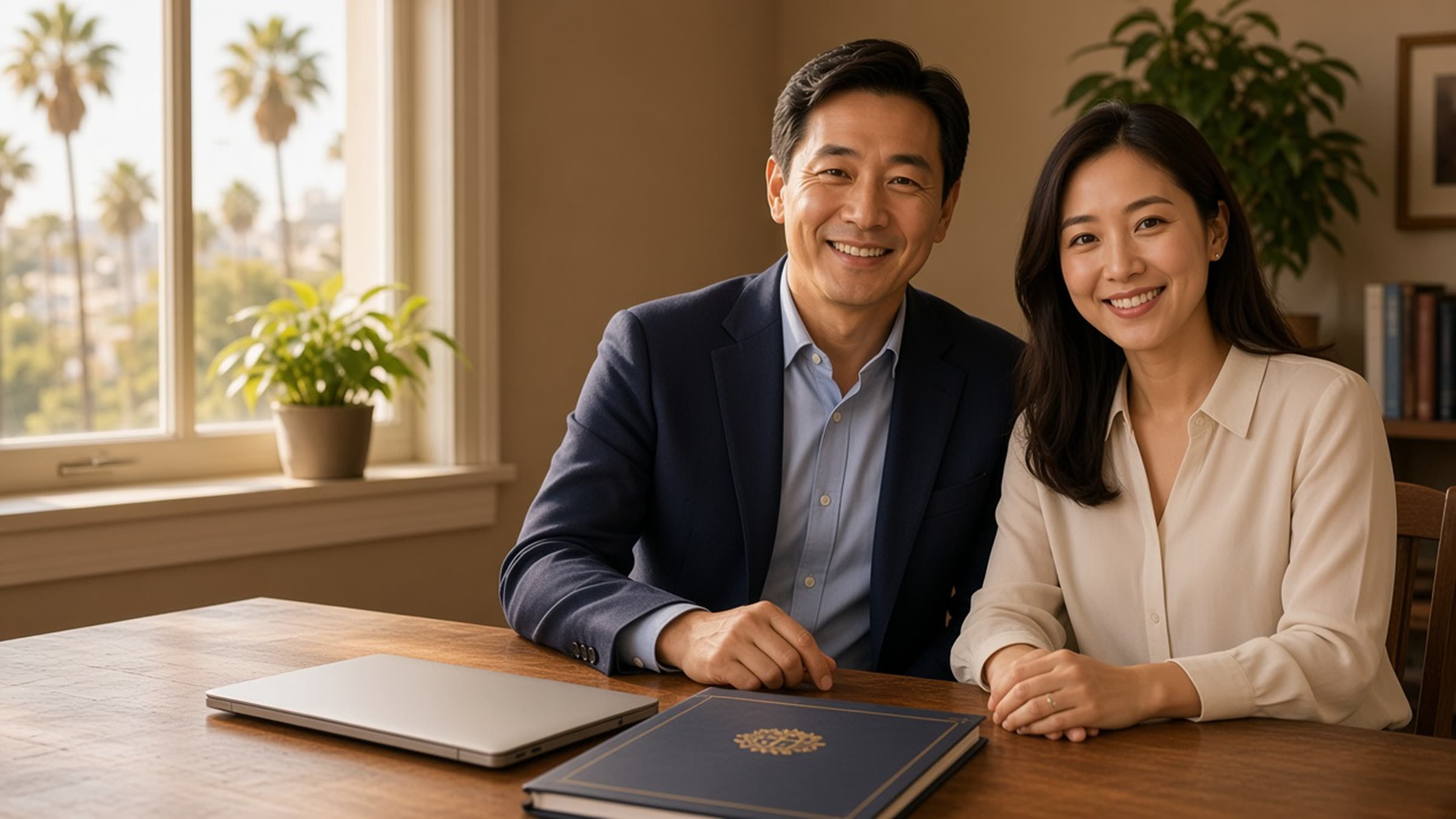 CPA sitting beside a client at a desk in a Los Angeles office, both facing the camera