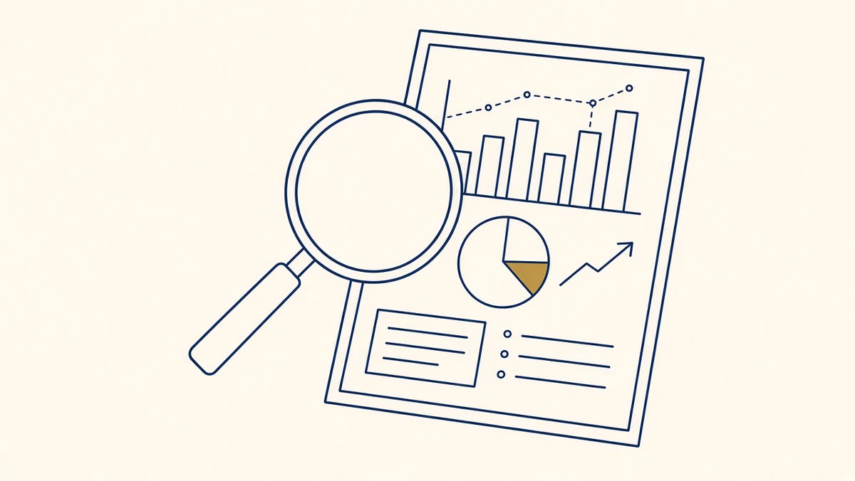 Line drawing of a magnifier over a financial statement
