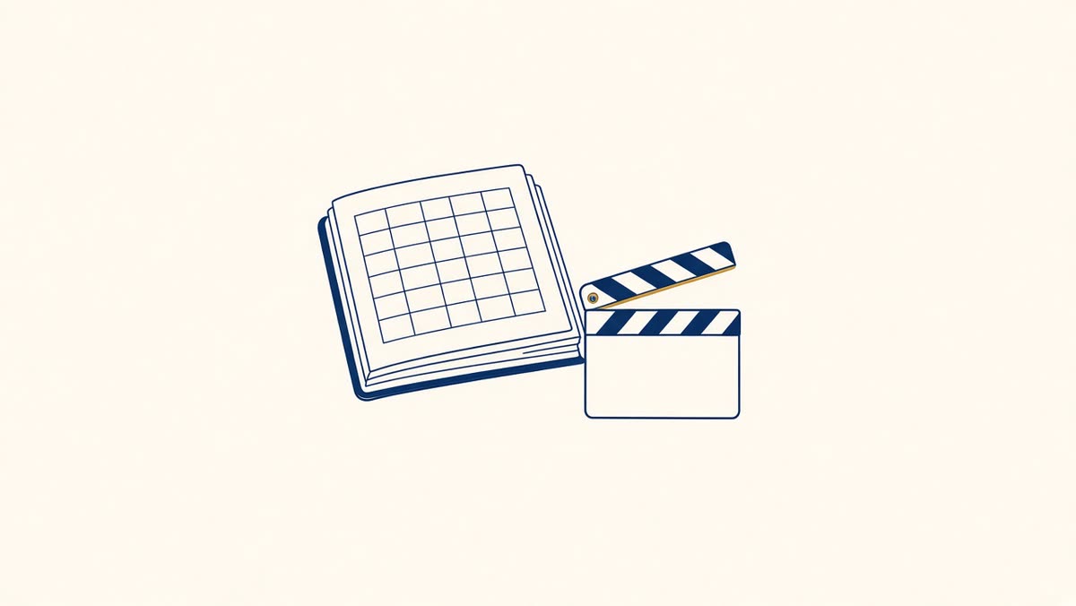 Line drawing of a ledger book with a film clapper beside it