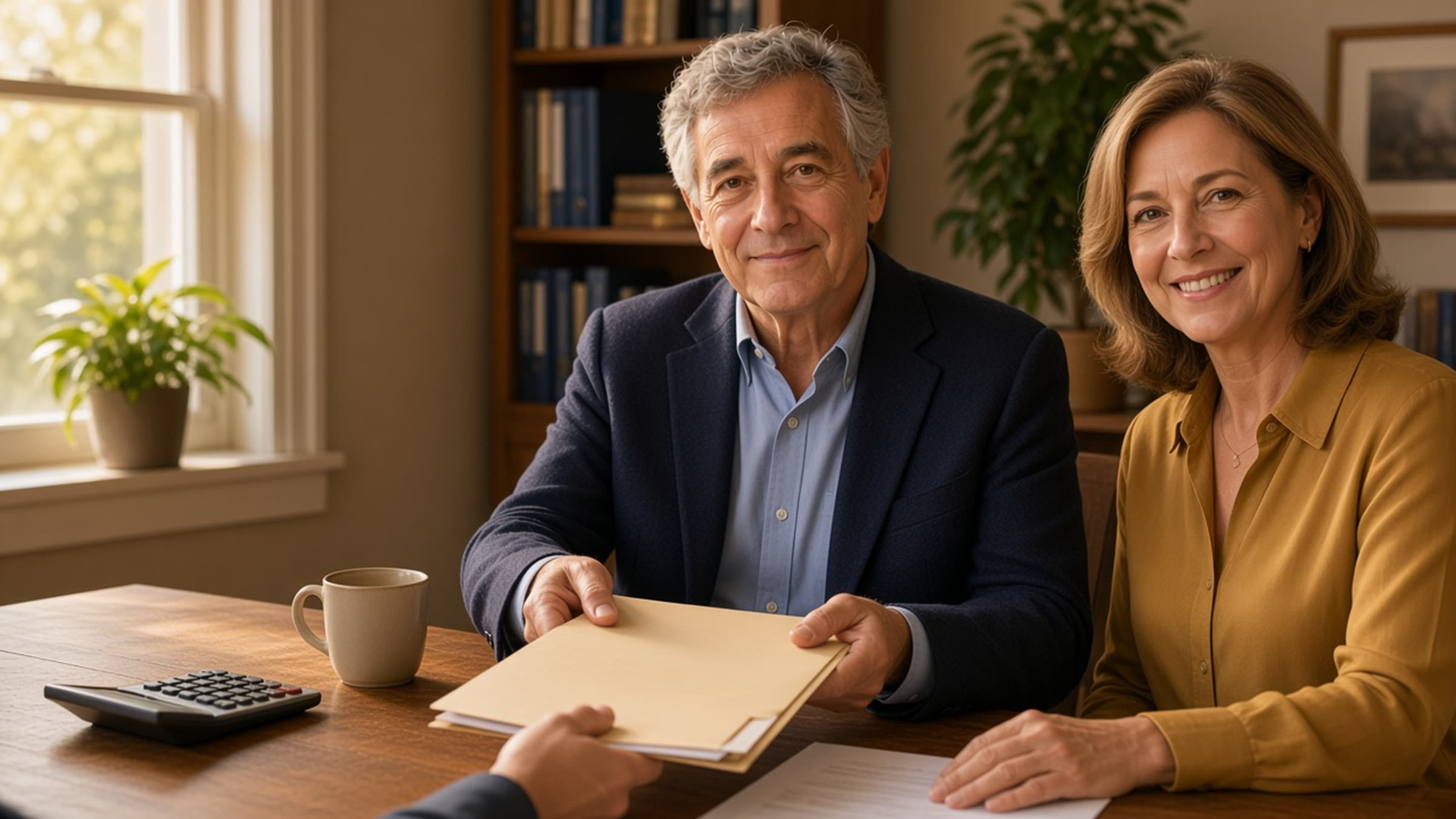 A CPA shaking hands with a client across a desk in a warm Encino office.