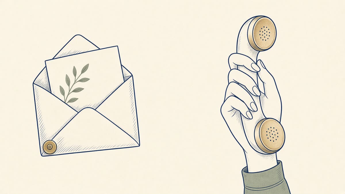 Line drawing of an opened IRS letter beside a calm hand holding a phone.