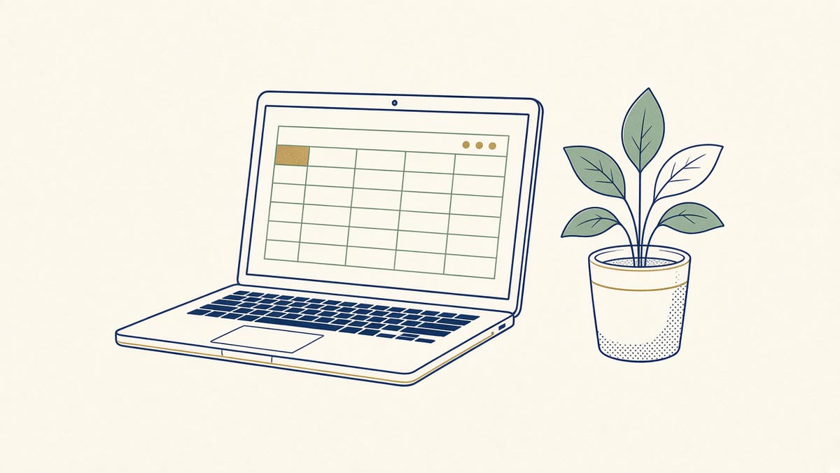 Line drawing of a laptop showing a simple ledger grid.