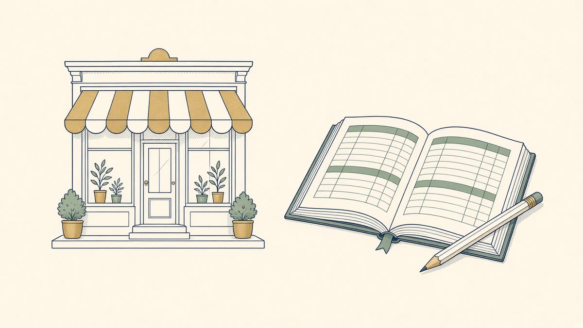 Line drawing of a small storefront with a ledger book.