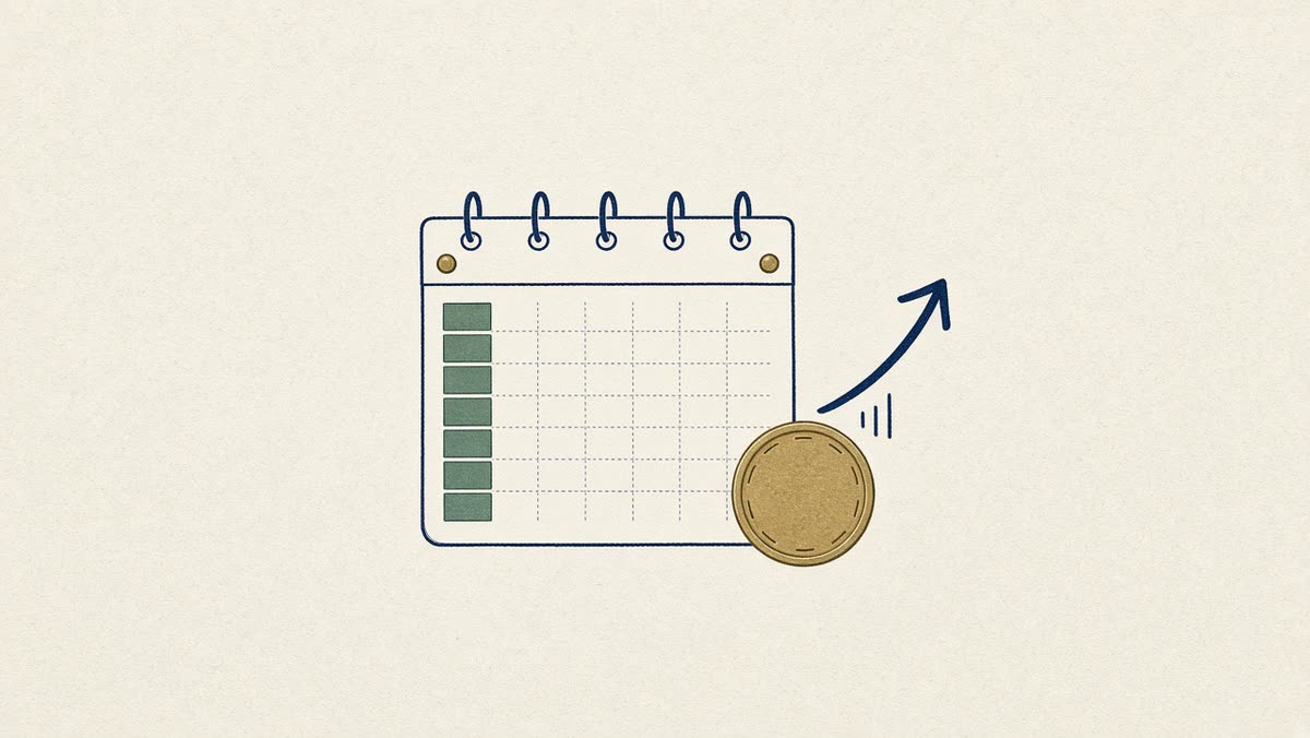Line drawing of a calendar with a coin and an upward arrow.