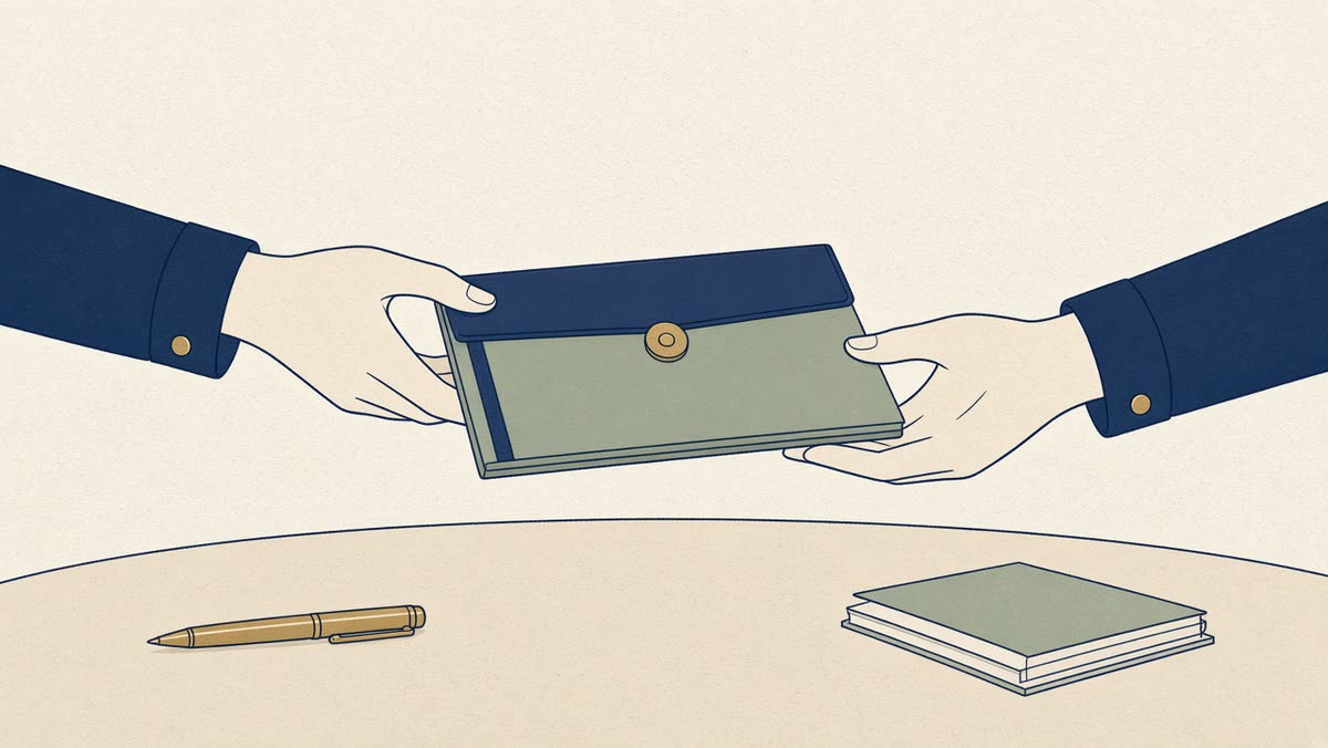 Line drawing of hands passing a tax folder across a desk.