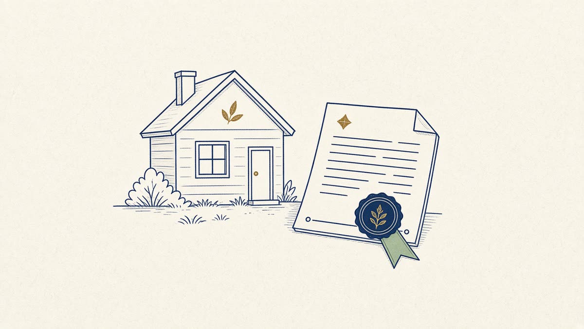 Line drawing of a house and a document with a seal.